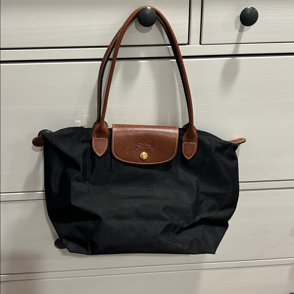 Longchamp Black and Brown Leather Flap Bag